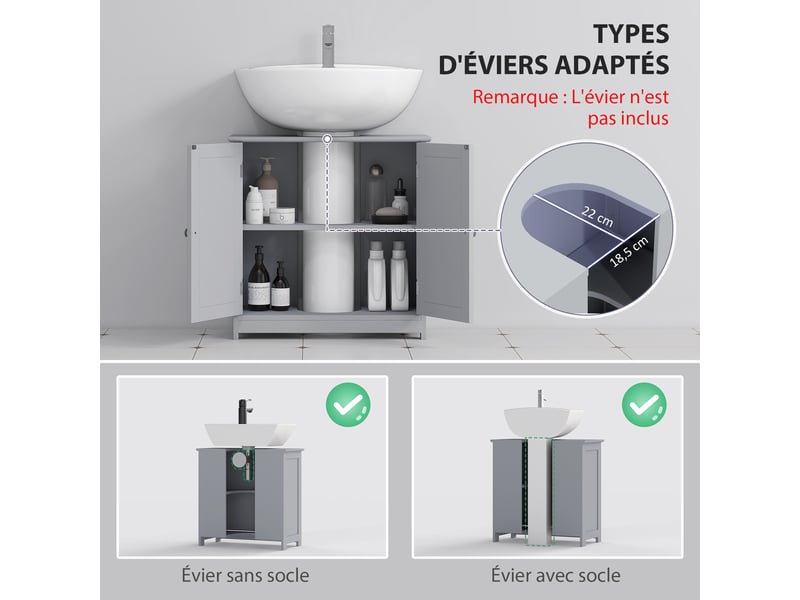  Meuble sous lavabo gris, placard 2 portes avec étagère, mdf, 60 x 30 x 60 cm  - Conforama R