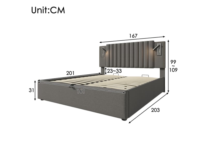  Lit coffre 160x200 avec liseuse et ports usbtype-c, tête de lit à rivets, gris sans matelas  - Conforama E