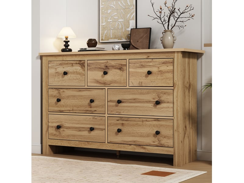  Buffet ulevr 7 tiroirs de rangement 152 x 40 x 88,5 cm en panneaux de particules couleur bois  - Conforama E