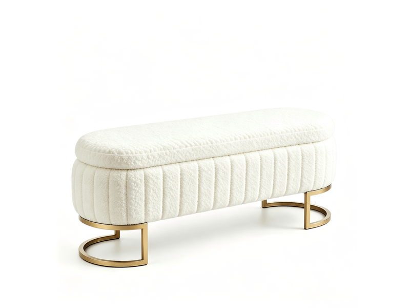 Banc coffre de lit 129,5 x 42 x 46 cm beige en velours, pieds métalliques dorés avec rangement intérieur  - Conforama D