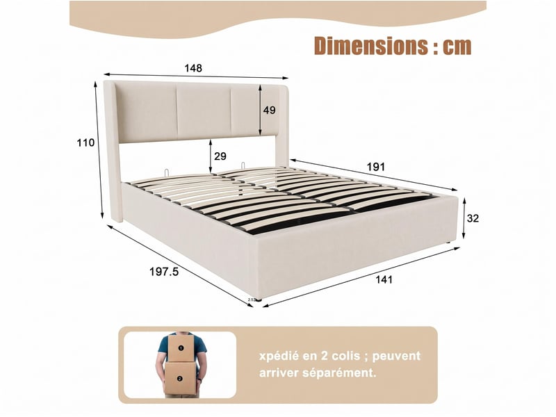  Lit 2 places 140×190 cm – lit coffre –  dossier capitonné - sommier à lattes – lin beige  - Conforama C
