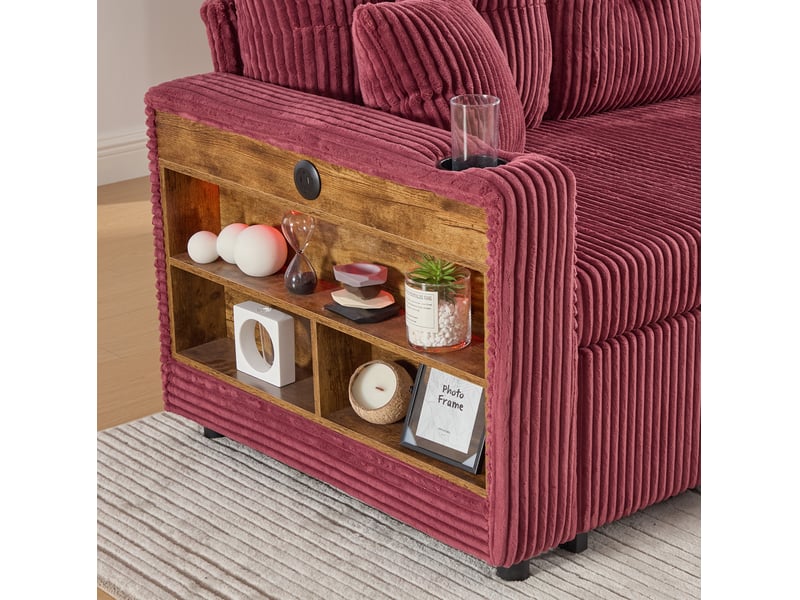  Canapé 3 places 196x82–144x85cm prise usb‑c intégrée éclairage led coussins moelleux velours côtelé rouge bordeaux  - Conforama E