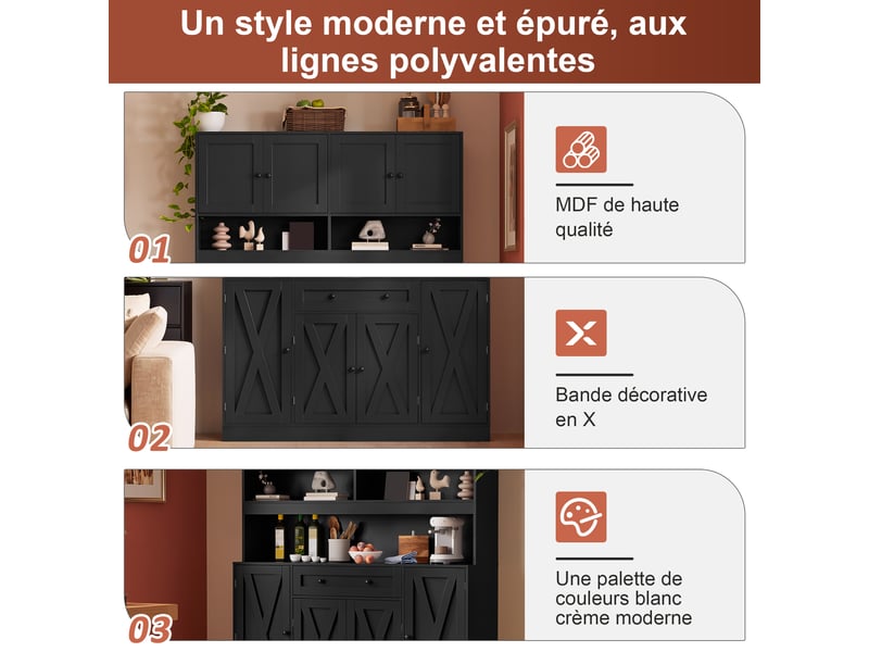  Meuble de cuisine muvano, buffet de cuisine noir avec plan de travail et prise électrique, 140 × 40 × 185 cm  - Conforama E