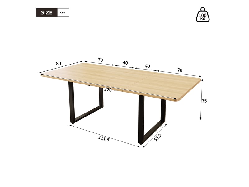  Table à manger extensible 140-180-220x80 cm pour 6 à 10 personnes, 3 longueurs, pieds métal, charge 100 kg, mdf chêne Morn Vibe - Conforama E