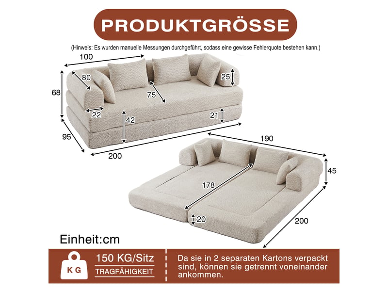  Canapé convertible modulable 2 places 4-en-1, dossier réglable, sans montage, antidérapant, anti-taches, 4 coussins, chenille beige  - Conforama C