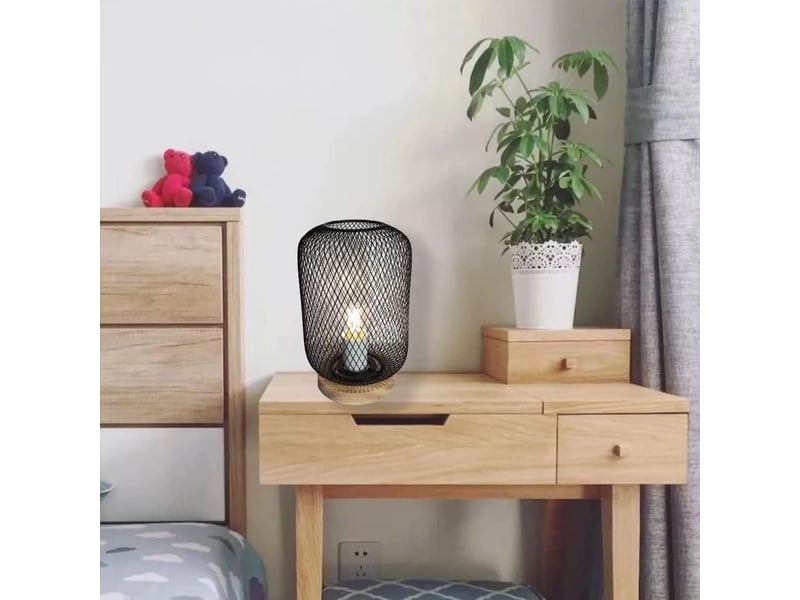  Lampe de lecture de table en forme de cage en maille noire avec base en bois  - Conforama C