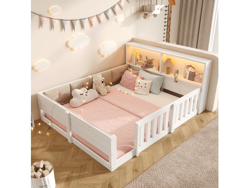 Lit jeune 2 places 140x200 cm équipé de tête de lit, barrière et rangement, mdf, finition blanc - Conforama D