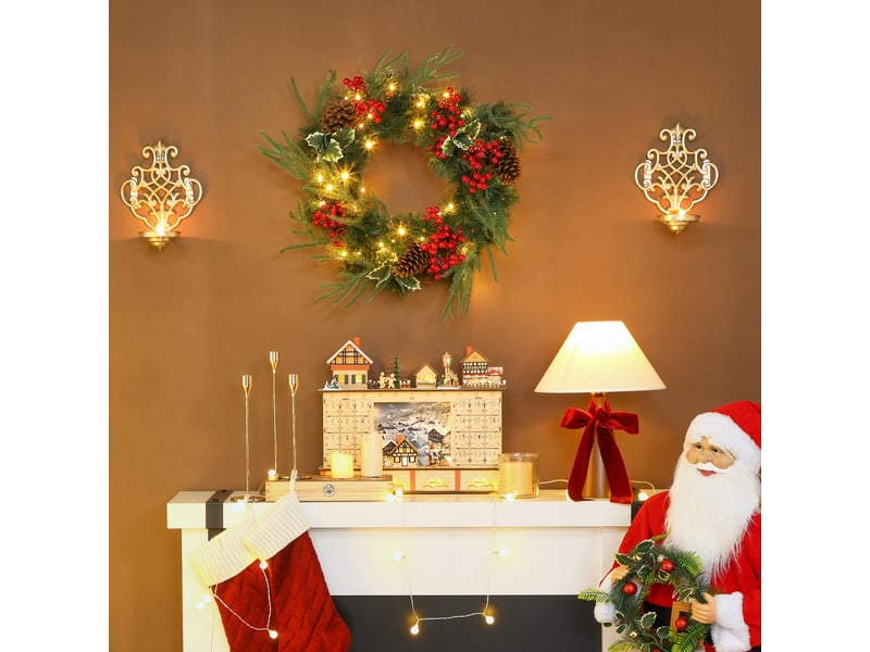  Couronne de noël lumineuse 60 cm avec 35 led, minuterie, 170 pointes, pommes de pin, baies, feuilles de houx, vert  - Conforama A
