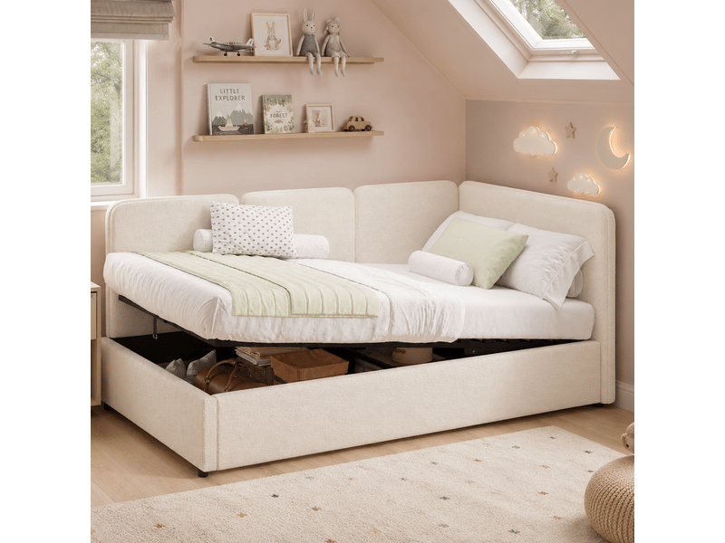  Lit banquette coffre 90x200 cm beige en bouclé avec hydraulique, rangement sous le lit et design réversible gauchedroite Morn Vibe - Conforama B