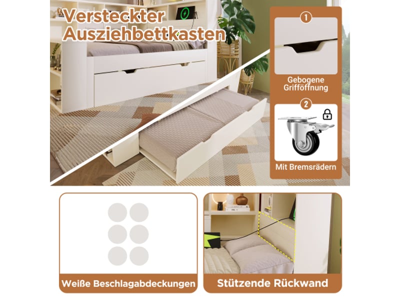  Lit gigogne 140x190 cm blanc avec couchage 90x190 cm, 8 niches de rangement, 2 tiroirs en tissu, 3 ports usb et type-c, bois de pin  - Conforama C