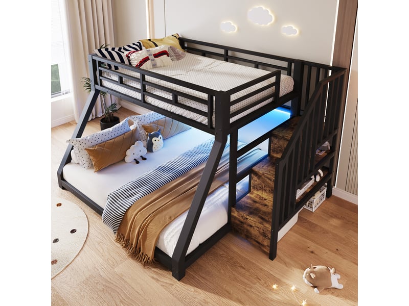  Lit superposé enfant avec led 90x200 +140x200cm, lit mezzanine 2 places lit superposé 2 places, cadre métal noir  - Conforama E