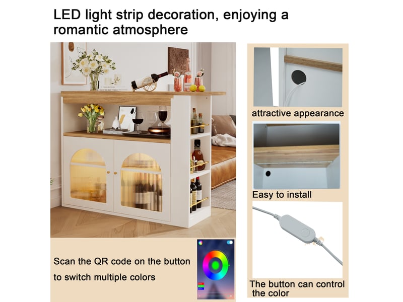  Meuble bar extensible 138-193 cm, rotatif 360° avec rangement et led, portes vitrées, panneaux de particules et métal - blanc  - Conforama E