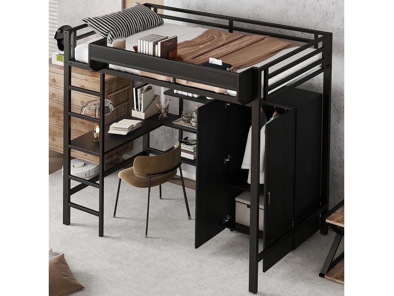 Lit mezzanine 90x200 cm avec bureau et armoire, métal et panneaux, noir - Conforama D