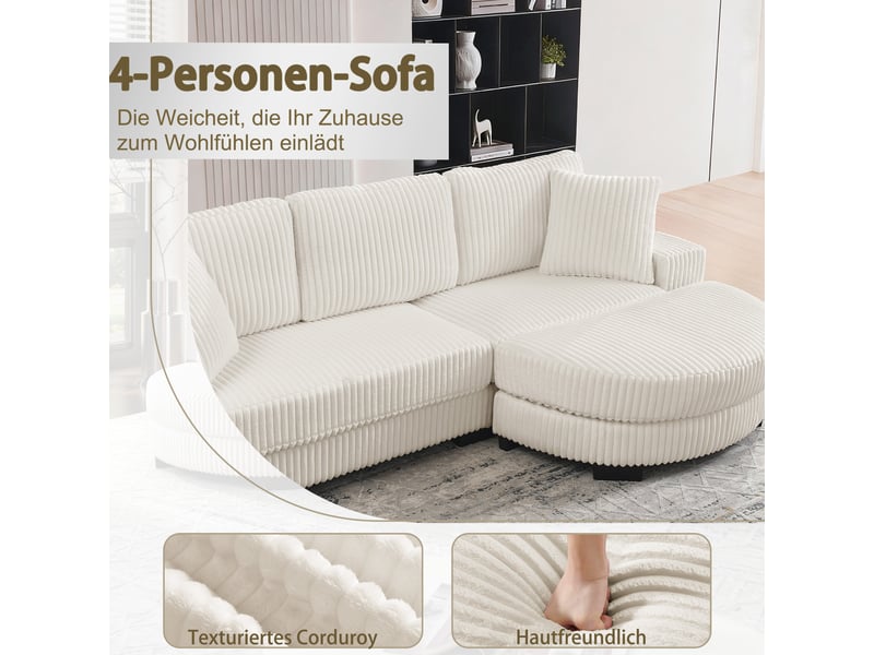  Canapé d'angle, canapé modulable, 4 places, en velours tricoté, beige, 2 coussins inclus, 256,5 x 133,5 x 89 cm, avec pouf  - Conforama W