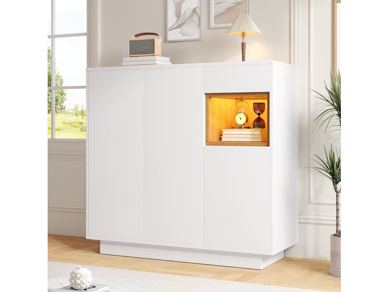  Meuble à chaussures 105x39,5x100,5 cm, meuble d'entrée avec led et tiroir, panneaux de particules, blanc et naturel  - Conforama E