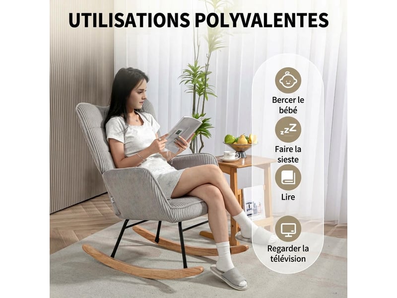  Fauteuil à bascule gris clair aspect velours côtelé avec accoudoirs, fauteuil de relaxation pour salon et chambre, 71x98x101 cm  - Conforama R