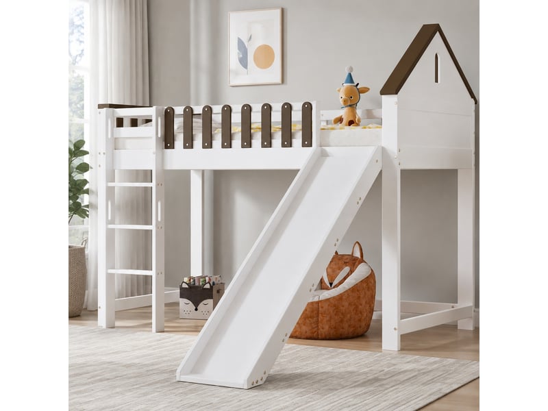Lit mezzanine enfant avec toboggan, échelle droite et toit blanc et noyer 90 x 200 cm - Conforama B