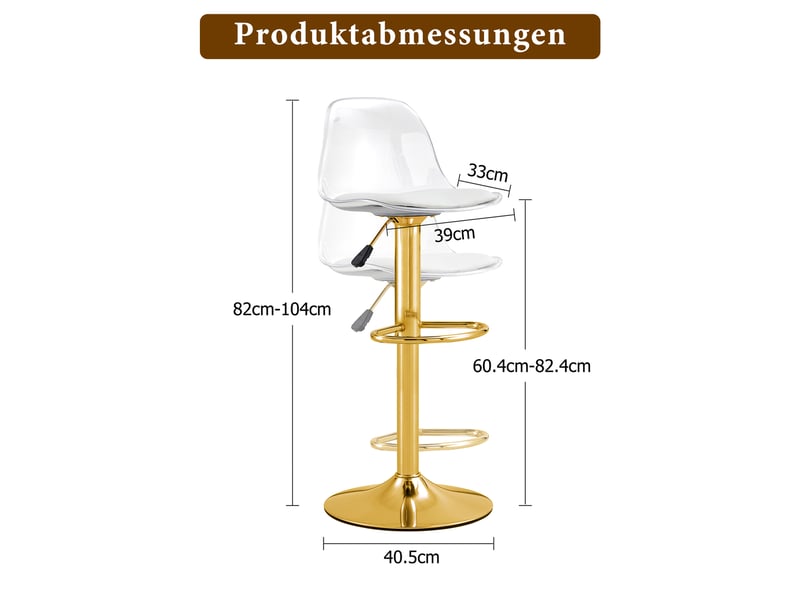  Lot de 2 tabourets de bar réglables,40,5x40,5x82-104 cm,métal,doré transparent  - Conforama C