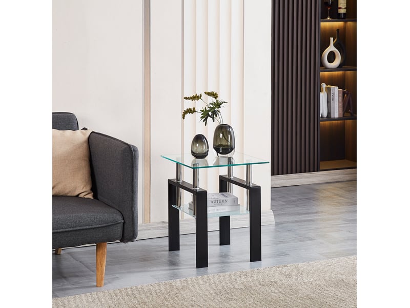 Lot de 2 tables d'appoint 17.71 x 17.71 x 20.47 pouces en verre trempé transparent avec étagère et pieds noirs chicfurn  - Conforama C