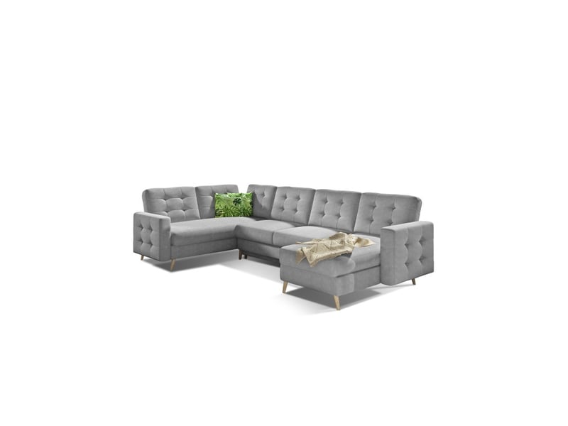  Canapé d'angle panoramique convertible hasgard u 326 cm gris clair avec coffre  - Conforama A