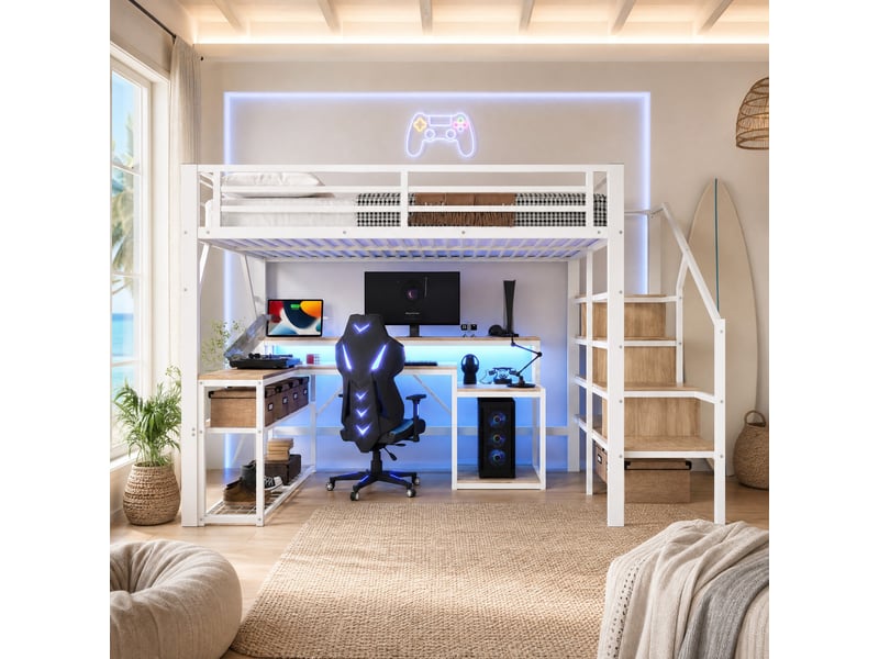  Lit mezzanine 140 x 200 cm blanc avec bureau, rangements, led et usb  - Conforama B