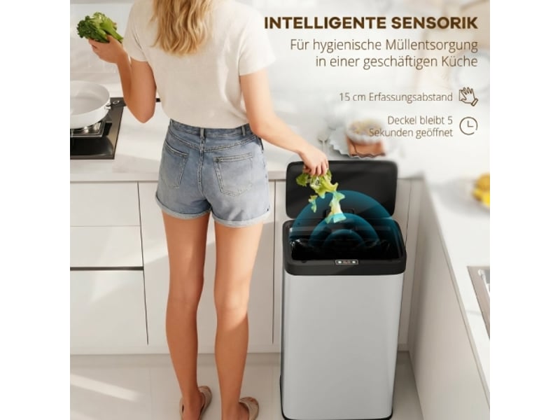  Poubelle à capteur 45 l argentée, couvercle soft-close, détecteur de mouvement, cuisine et bureau  - Conforama E