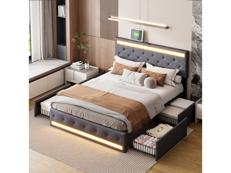 Lit coffre 180×200cm, avec 4 tiroirs à roulettes, cadre rembourré en lin gris, avec éclairage led, ports usb, matelas non inclus - Conforama B