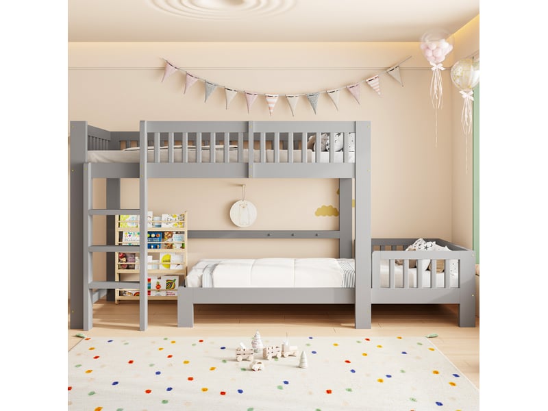  Lit superposé modulable enfant 90 x 200 cm gris en bois, 2 couchages avec sommiers à lattes inclus  - Conforama B