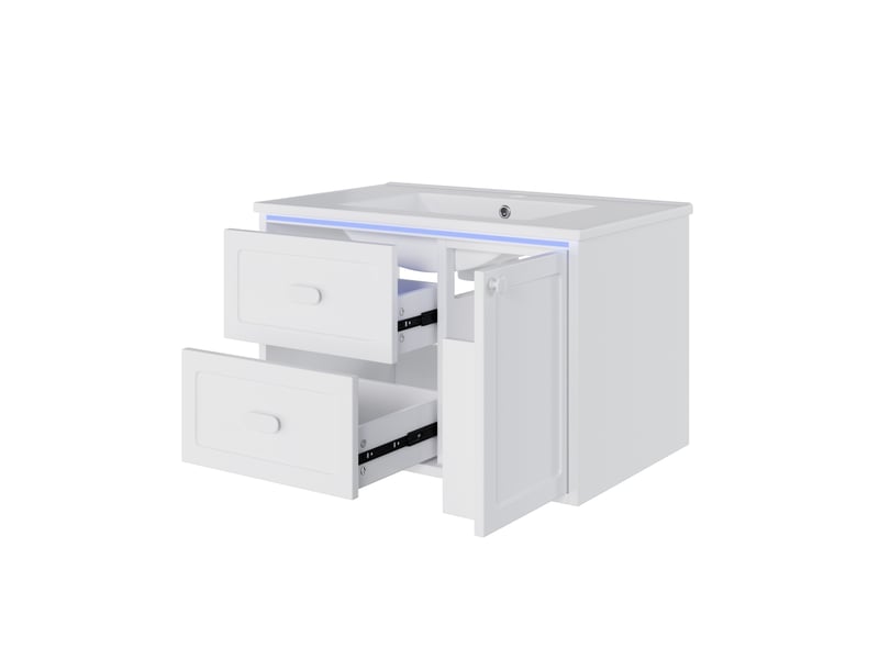  Meuble vasque mural salle de bain blanc 76 cm avec lavabo intégré, led et 2 tiroirs silencieux  - Conforama E