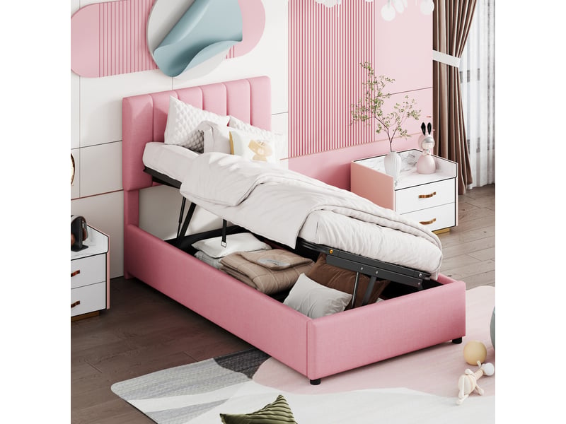  Lit coffre enfant, lit simple avec rangement hydraulique et tête réglable, 200x90 cm, sans matelas, rose  - Conforama C