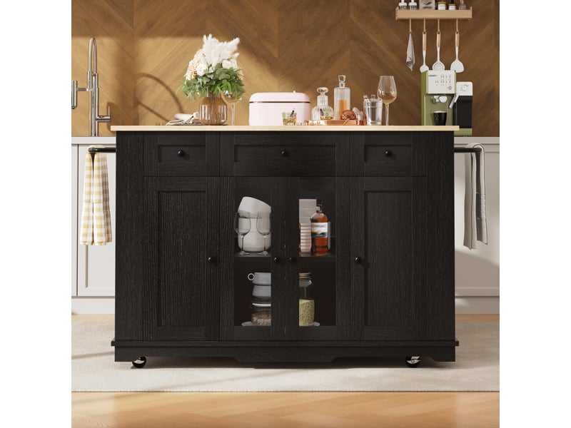  Table de bar pivotante à 360 degrés, îlot central extensible avec porte en verre trempé bombé, meuble bar noir moderne en mdf  - Conforama E