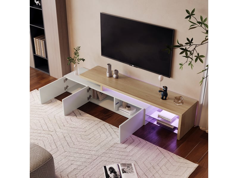  Meuble tv led - 200 x 39 x 42 cm-blanc et chêne - avec plateau supérieur ouvert et éclairage d'ambiance led - meuble de salon moderne  - Conforama D