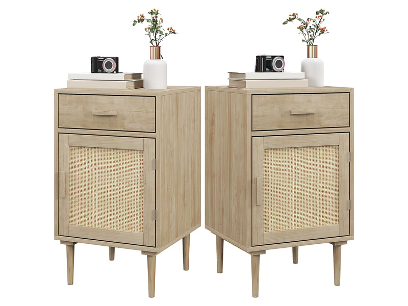  Lot de 2 tables de chevet avec placard et étagère porte rotin tissé 1 tiroir design bohème - naturel 40 x 40 x 68,5 cm  - Conforama B