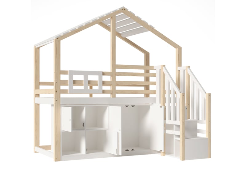  Lit 90x200 cm mezzanine 4 portes, bois et mdf, blanc et naturel, sans matelas  - Conforama E