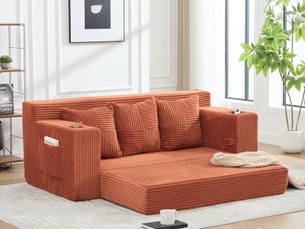 Canape droit 3 places, sans structure rigide en velours côtelé, porte-gobelets et poches, 172 × 87 × 64 cm, orange