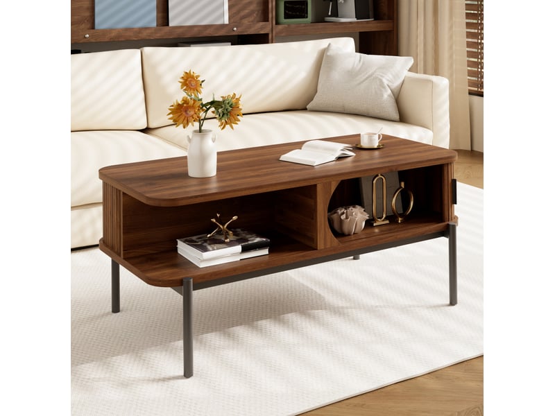  Table basse fixe avec 2 portes coulissantes, 2 niches et rangement fermé moderne en mdf noyer 100 × 45 × 43 cm  - Conforama D