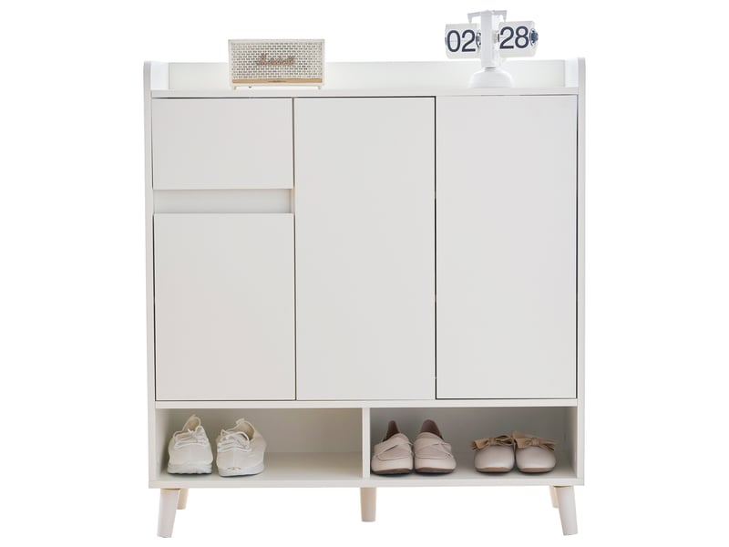  Meuble à chaussures pour l'entrée 12 paires avec 3 portes,1 tiroir,étagères réglables et pieds en bois massif,blanc meuble à chaussures blanc - Conforama A