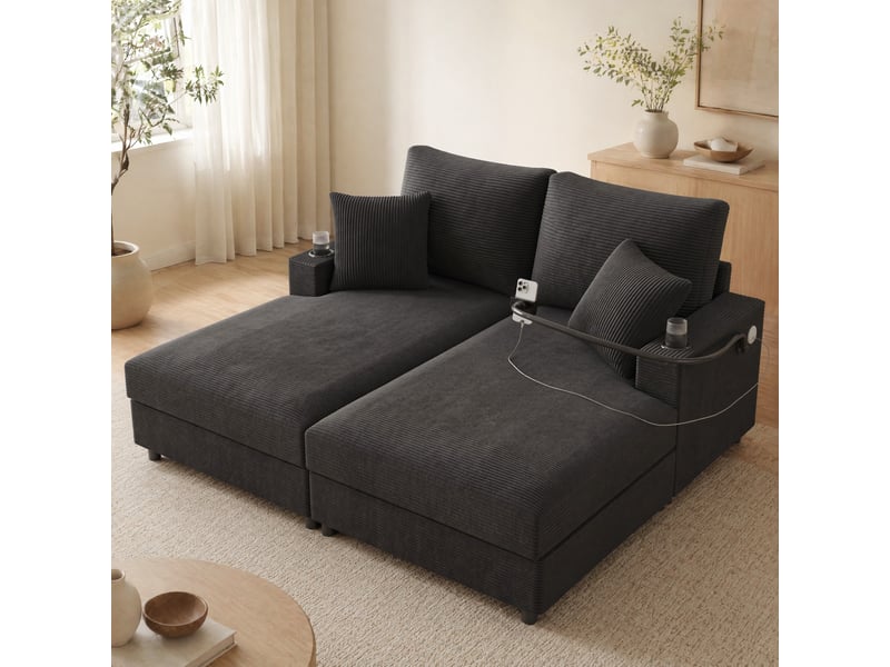  Canapé convertible modenvie 2 places en velours côtelé gris 163 x 140 x 82 cm avec usb et usb-c  - Conforama D