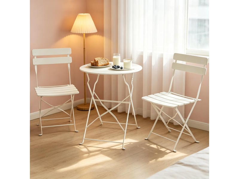 Ensemble table et chaise de jardin avec 1 table ronde et 2 chaises pliantes pour balcon et terrasse, métal crème  - Conforama B