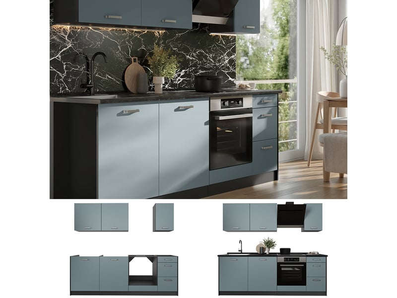  Vicco cuisine, bleu-grisanthracite, 220cm plan de travail marbre  - Conforama D