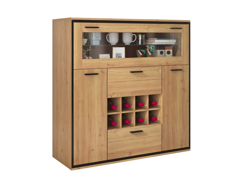  Bar led 2 portes 8 casiers à bouteilles décor chêne et métal noir bar naturel - Conforama A