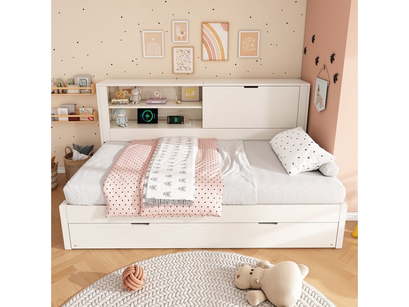  Lit gigogne 90x190 cm, tête de lit avec rangement, couchage gigogne, usb et usb-c, sommier à lattes pour chambre - blanc  - Conforama E