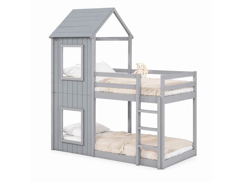  Lit cabane enfant 200×90 cm avec garde-corps, sans matelas, en pin massif et mdf gris  - Conforama A