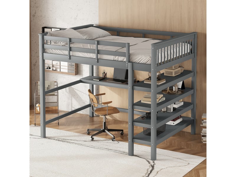  Lit mezzanine enfant 140x200 cm, table, étagère, garde-corps, sommier, pin gris, sans matelas  - Conforama W