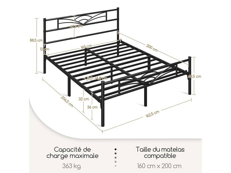  Cadre de lit métallique avec tête de lit motif nuages 160x200 cm, support à lattes renforcé et espace rangement inférieur 615079 Black (160*200cm) - Conforama C