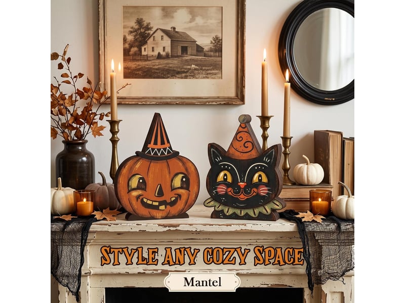 Décoration murale en bois halloween, panneau décoratif – chat noir et citrouille, pour intérieur - Conforama E