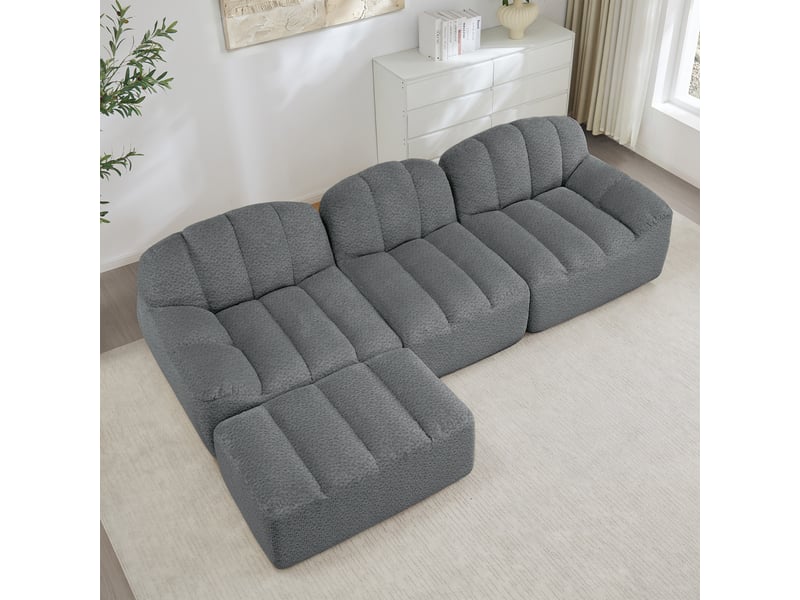 Canapé d’angle coquille 3 places avec pouf gris – 288 x 165 x 79 cm Fay Lum - Conforama E