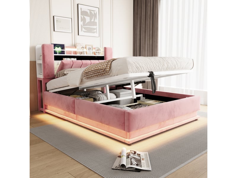 Lit coffre capitonné 140 x 200 cm - avec éclairage led - avec port usb - velours - rose (matelas non inclus) - Conforama R