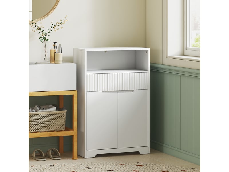  Meuble de salle de bain blanc, façade rainurée, étagère réglable, 60 x 30 x 91,5 cm  - Conforama D