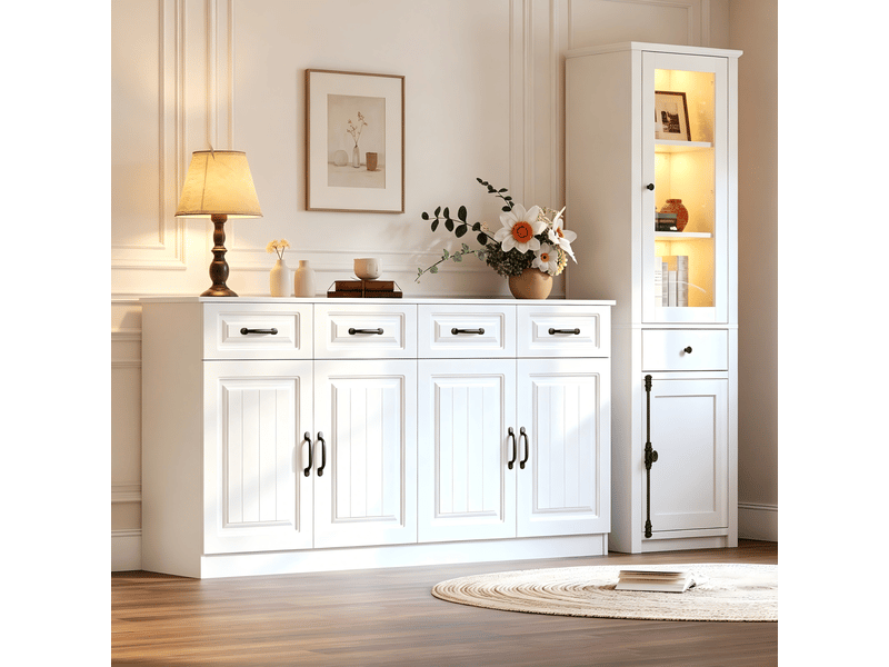  Ensemble buffet et vitrine blanc en mdf – 2 meubles avec led usb – 160 x 35 x 80 cm et 55 x 40 x 200 cm  - Conforama C